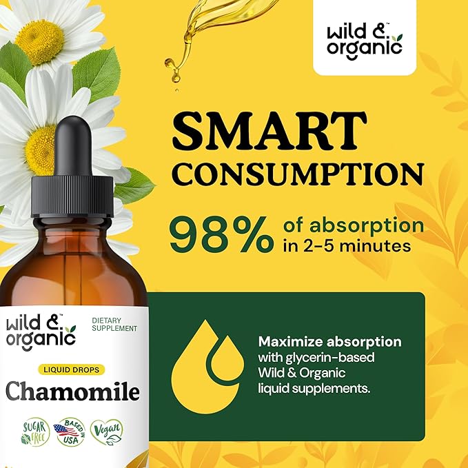 Wild &amp Organic Chamomile Flowers Tincture - Calming Supplement for Relaxation - Chamomile Extract Liquid Drops - Vegan Sugar &amp Alcohol-Free - 4 fl oz