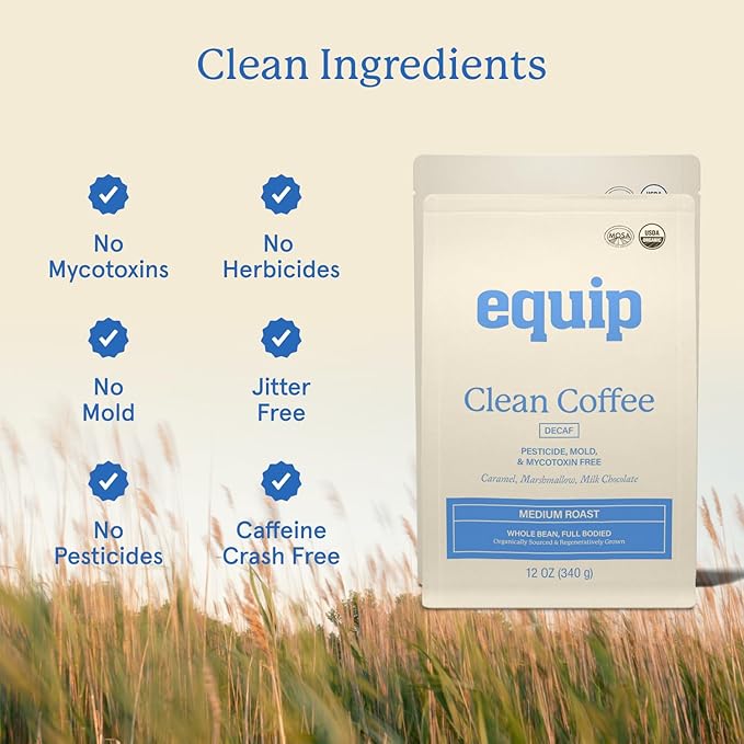 Equip Foods Decaf Clean Coffee | Gold Standard Certified Organic Fair Trade Regenerative | Medium Roast Whole Bean Honduras | Caramel+Marshmallow+Milk Chocolate