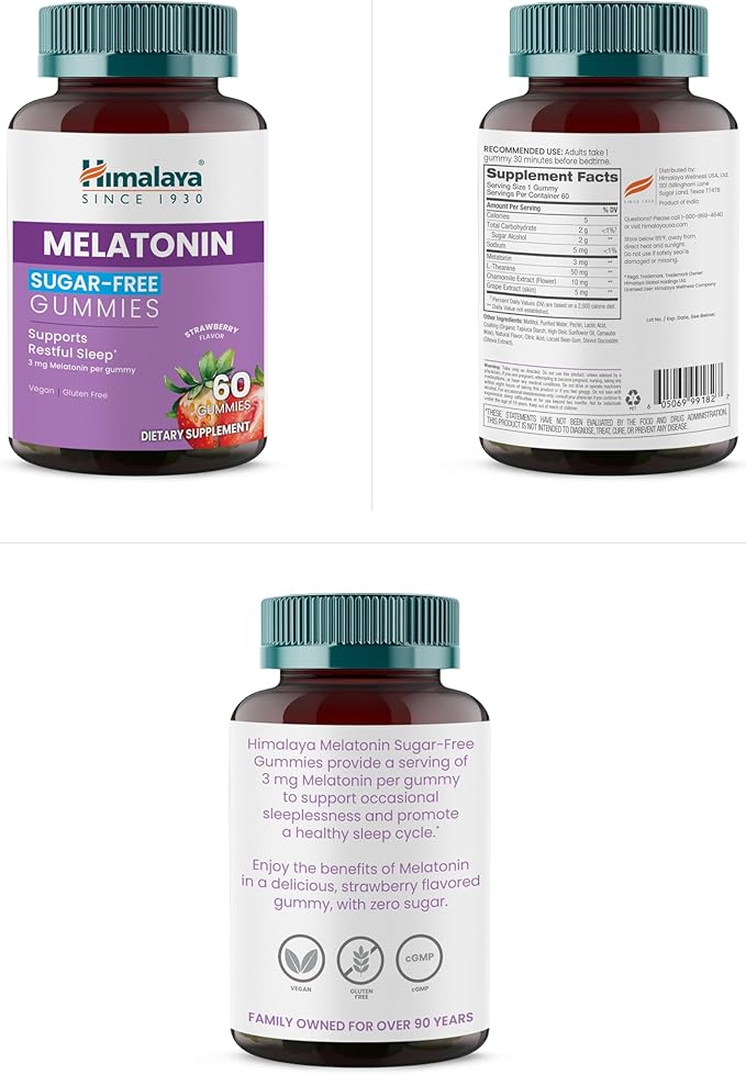 Himalaya Melatonin Sugar-Free Gummies Supports Restful Sleep Vegan Gluten-Free 3 mg Melatonin 60 Gummies