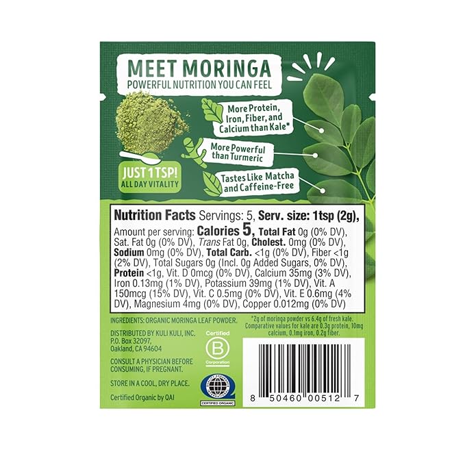 Kuli Kuli Moringa Oleifera Organic Leaf Powder &amp Green Smoothie 100% Pure USDA Certified &amp Non-GMO Moringa Powder Great with Smoothies Tea and Food 0.4 Ounce Pack of 20 (KK_PM)
