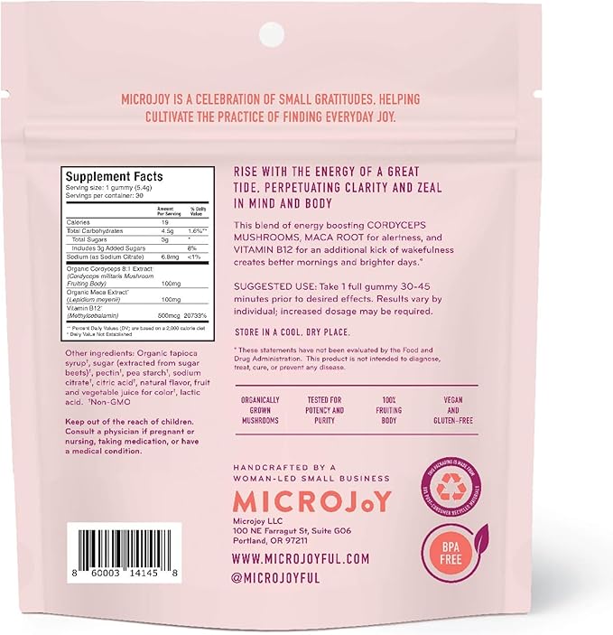 Microjoy Motivate Gummies – Energy Stamina &amp Brain Support with Cordyceps Mushrooms Maca &amp Vitamin B12 – Vegan Gluten-Free Non-GMO – Berry Flavor – 30 Servings