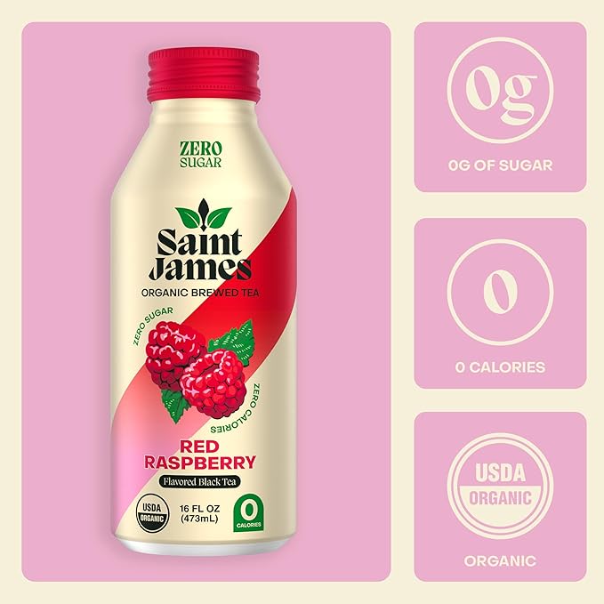 Saint James Iced Tea - Organic Black Tea - Non-GMO Gluten Free Zero Calorie Zero Sugar - Red Raspberry 12 Pack (16 fl oz each)