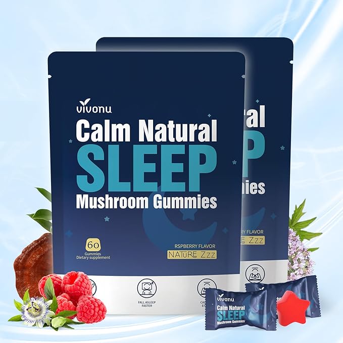 VivoNu Melatonin Free Sleep Gummies with L-Theanine Magnesium Reishi Mushroom | Non-Habit Forming Sleep Aid | Non-GMO Sleep Support Gummy for Women &amp Men | Raspberry Flavor