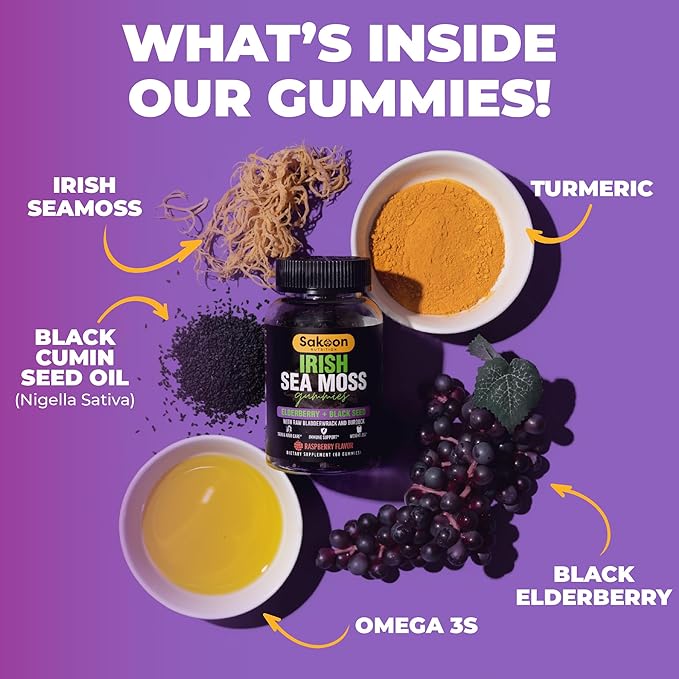 Sakoon nutrition Irish Sea Moss Gummies with Elderberry &amp Black Seed Oil - Overall Wellness Support | Rich in Vitamins Raspberry Flavor | 60 Gummies