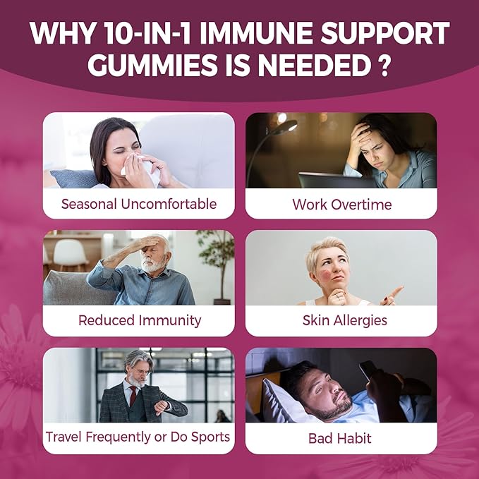 10 in 1 Immune Support Supplement Gummies w/Echinacea Elderberry Vitamin C and Zinc Selenium Vitamin D3 5000IU Magnesium Daily Immune Booster Multivitamin for Antioxidant Bone Energy 2 Pack