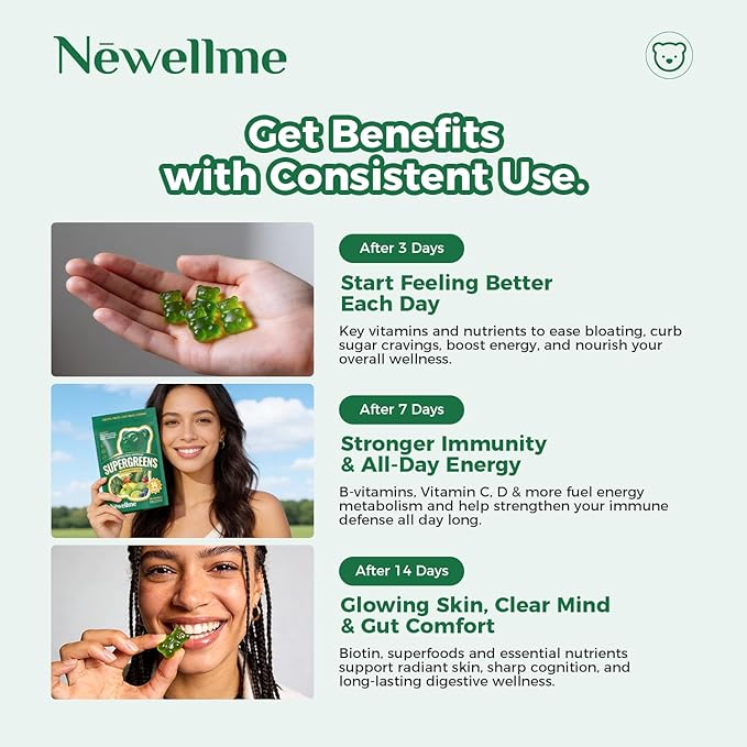 NEWELLME Super Greens Gummies Delicious Daily Greens Multivitamin Gummy Bears with Superfoods Fiber &amp Probiotics for Gut Health Energy &amp Immune Support Sugar Free 42 Grab-and-Go Packs