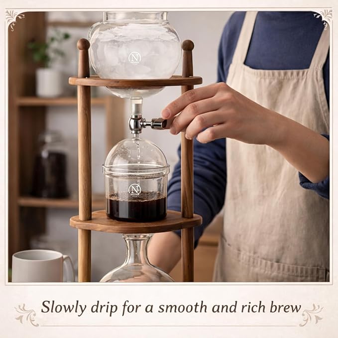 Nispira Cold Brew coffee Maker Ice Coffee Drip Machine with Advanced Slow Drip Technology Borosilicate Glass with Wood Tower 6-8 Cup Brown