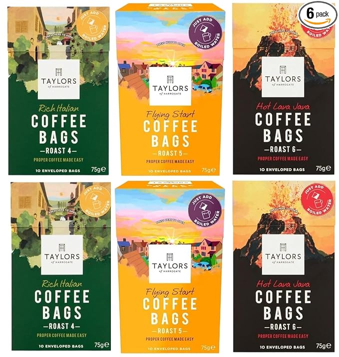 Taylors of Harrogate Coffee Bags 2 X 10 Rich Italian Coffee Bags 2 X 10 Hot Lava Java Coffee Bags and 2 X 10 Flying Start Coffee Bags (Total 6 Packs 60 bags)