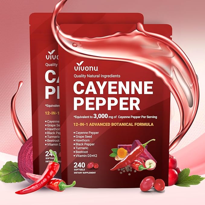 VivoNu Cayenne Pepper Softgels Supplement Supports Leg Vein Heart and Blood Vessel Health with Vitamin E D3+K2 and Extracts of Grape Seed Hawthorn Beetroot Berberine and Other