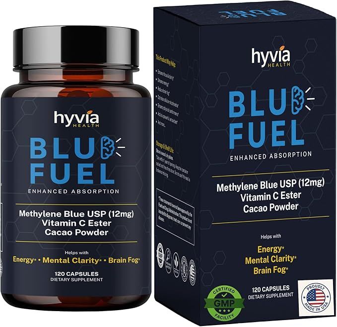Methylene Blue Capsules - USP Pharmaceutical Grade Supplement For Humans - 120ct w/ Added Vitamin C For Enhanced Absorption - Helps Support Cognitive Energy Brain Fog &amp Mental Clarity | Made In