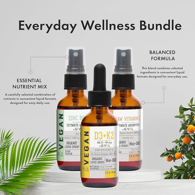 Raw Vitamin C D3 &amp K2 Liquid Zinc Picolinate - Premium Liquid Vitamins - 180 Days Supply -Trio Bundle