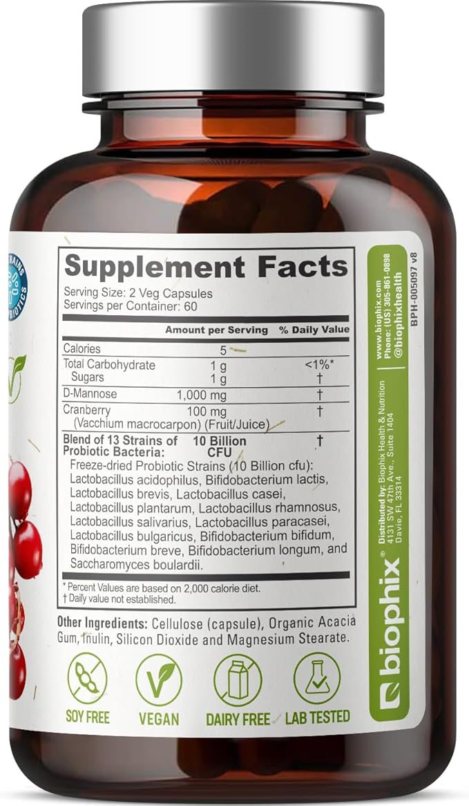 biophix D-Mannose 1000mg Capsules with Cranberry &amp Probiotics - D Mannose Supplements for Women - D-Mannose Pills for Urinary Tract &amp Bladder Health Support - Digestive Well-Being - 120 Vcaps