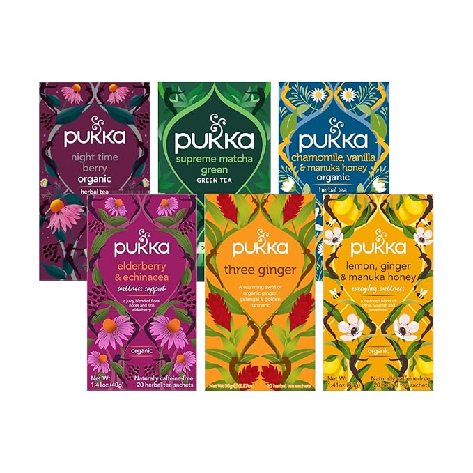 Pukka Tea Bags Organic (Night Time Berry Lemon Ginger and Manuka Honey Three Ginger Elderberry and Echinacea Supreme Matcha Green &amp Chamomile Vanilla and Manuka Honey) (1ea / 20ct) (Variety P
