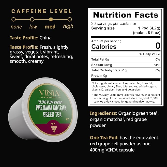 VINIA Premium Matcha + Green Tea K-Cup Pods Made with Organic Tea Infused with Piceid Resveratrol for Heart Health Nitric Oxide Physical Energy Alertness Blood Flow Keto Kosher NON-GMO. 30 Ct
