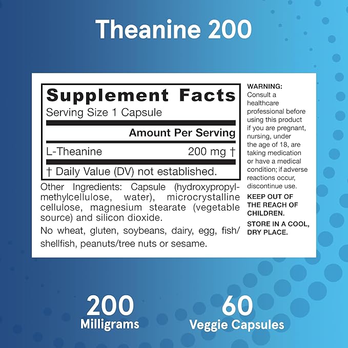 Jarrow Formulas Extra Strength L Theanine 200mg Dietary Supplement that Promotes Relaxation Supplement for Relaxation Support 60 Veggie Capsules 60 Day Supply