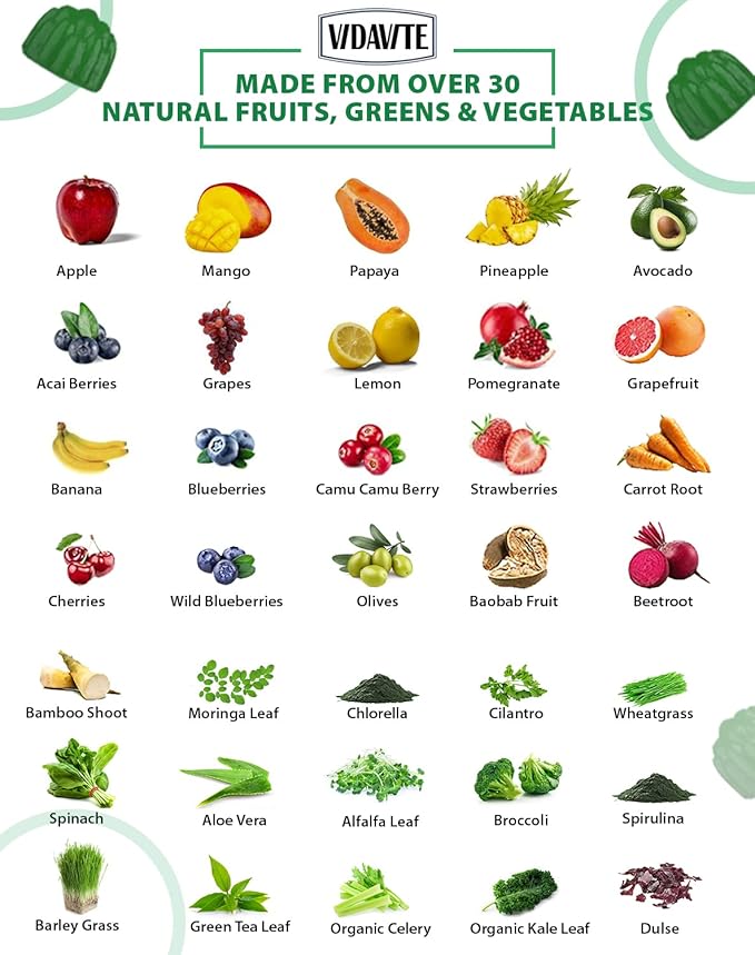 Sugar-free Super Greens Gummies — US-Made 35+ Fruit and Veggie gummies to Boost Immunity Skin &amp Gut Health — Ideal Fruits and Vegetables Supplement for Adults &amp Picky Teens (30-Days Supply)