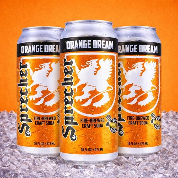 Sprecher Orange Dream 16 fl oz Cans (12 Pack) Fire-Brewed Craft Soda with Real Honey Gourmet Orange Soda Caffeine-Free Handcrafted Soft Drink