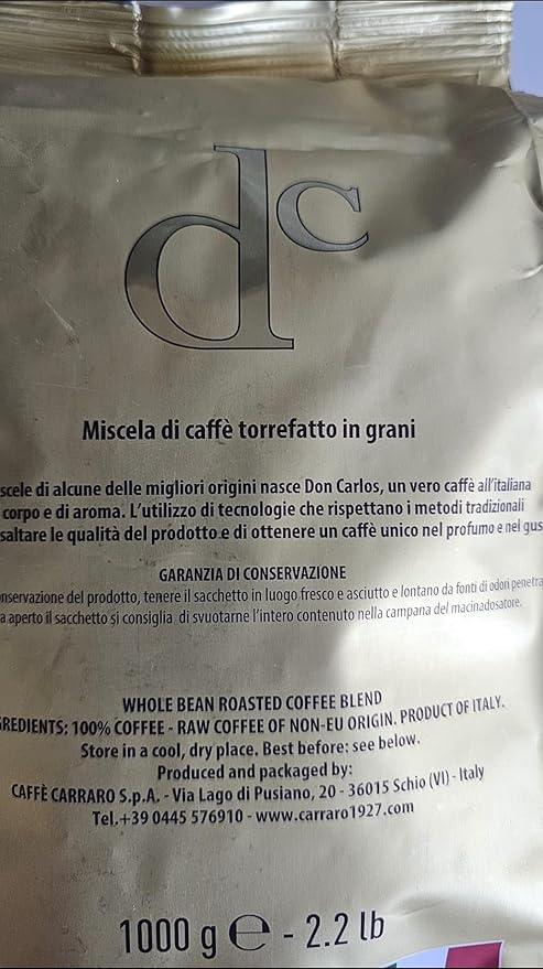 Don Carlos Premium Italian Roasted Whole Bean Coffee Blend Miscela Gold 2.2 Lbs