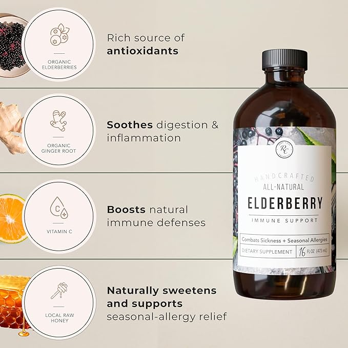 Rowe Casa Organics Elderberry Immune Support with Antioxidants Zinc and Vitamin C for Kids and Adults Organic Elderberry Syrup for Immune Support 16 Fl Oz