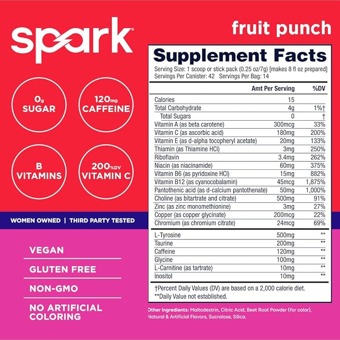 AdvoCare Spark - Energy Drink Mix - Vitamin &amp Amino Acid Supplement - Supports Energy &amp Focus - Portable Immune Support - Sugar-Free - Fruit Punch (10.5 oz)
