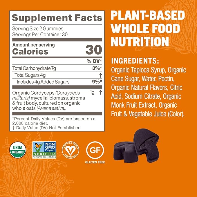 OM MUSHROOM SUPERFOOD Cordyceps Gummies – USA Grown Organic Mushrooms – Supports Endurance Energy &amp Recovery – Cherry Burst Flavour – 30 Servings 60 Count.