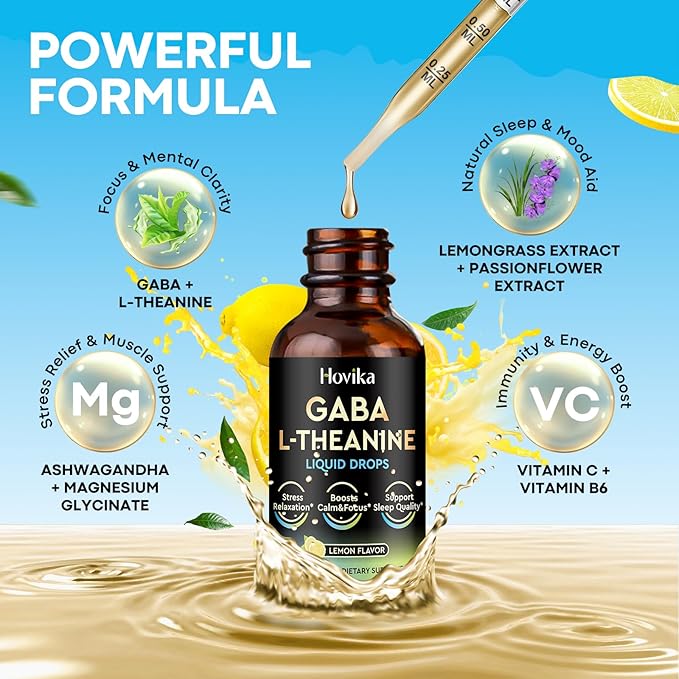 2 Pack GABA L-Theanine Drops - Liquid GABA Supplement with L-Theanine Ashwagandha Magnesium Glycinate Vitamin C B6 - Support Sleep Relaxation Calm Mood &amp Focus - Lemon Flavor