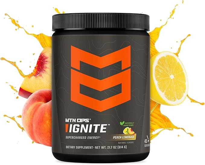 MTN OPS Ignite Sugar Free Energy Drink Powder Naturally Sweetened with Monk Fruit 200mg Caffeine Nootropic Blend for Energy Focus &amp Endurance L Arginine &amp L Citrulline 45 Servings Peach