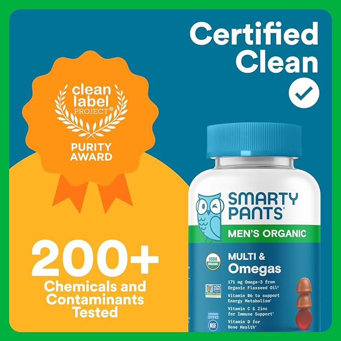 SmartyPants Multivitamin for Men Organic Gummies: Methylfolate Omega 3 (ALA) Vitamin D3 C Vitamin B12 B6 A K &amp Zinc for Immune Support Biotin Vegetarian 120 Gummies (30 Day Supply)