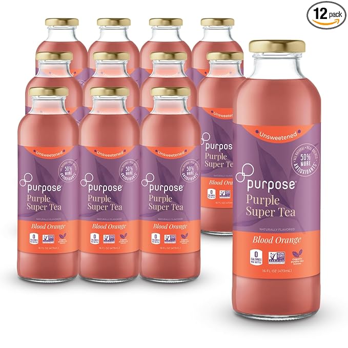 Purpose Tea Blood Orange - Bottled Iced Tea All Natural Brewed Organic Purple Leaves Unsweetened Pure Non-GMO High in Antioxidants and Anthocyanins Healthy Drinks - 16 oz (Pack of 12)