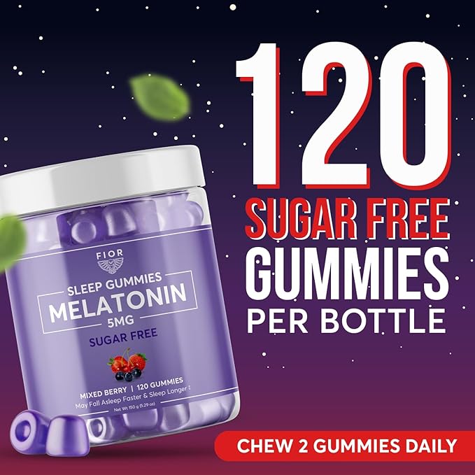 FIOR Sugar Free 120-Count Sleep Aid &amp Calm Gummies Melatonin Gummies Sleep Aids for Adults &amp Kids. Gummy Vitamins for Sleep. Adults &amp Kids Melatonin &amp L-Theanine Gummies Natural Herba