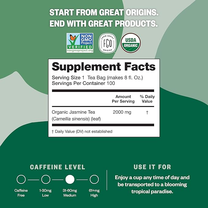 FGO Organic Jasmine Green Tea 100 Count Eco-Conscious Tea Bags Resealable Bag Packaging May Vary (Pack of 1)