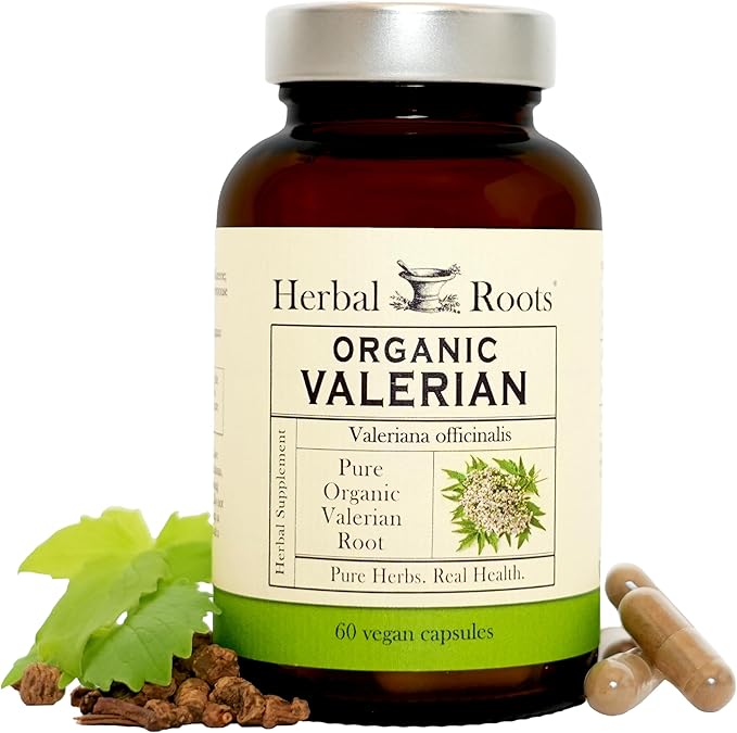 Herbal Roots Pure Organic Valerian Root Capsules - 900 mg - Non-Habit Forming with no Melatonin Non-GMO - 60 Count Vegan Capsules Herbal Supplement