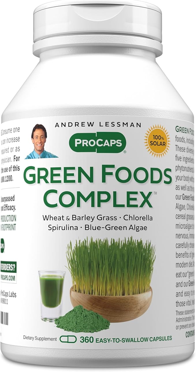 ANDREW LESSMAN Green Foods Complex 360 Capsules - Supplies Building Blocks for Healthy Tissue Growth Liver Support. 100 mg Each of Barley Grass Wheat Grass Blue Green Algae Chlorella Spirulina