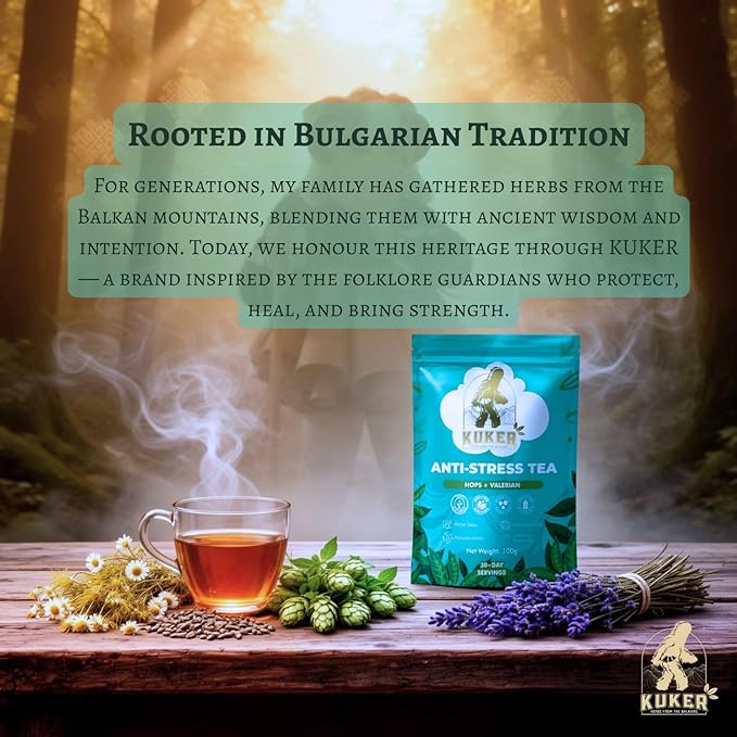 KUKER Anti-Stress Tea 100g Loose Leaf – Calming Herbal Tea with Chamomile Valerian Lavender &amp Lemon Balm – Natural Anxiety Relief &amp Sleep Support