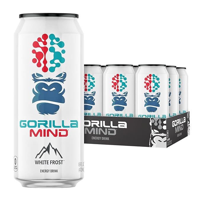 Gorilla Mind Energy Drink | Unmatched Energy · Amplified Focus | N-Acetyl-L-Tyrosine Alpha-GPC 200mg Caffeine Uridine Saffron | 0 Sugar Or Artificial Colors | 16oz 12-Pack (White Frost)