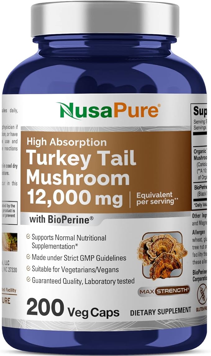 NusaPure Turkey Tail Mushroom Capsules 10:1 Extract 1200 mg Equivalent to 12000mg 200 Vcaps Non-GMO Gluten Free Bioperine