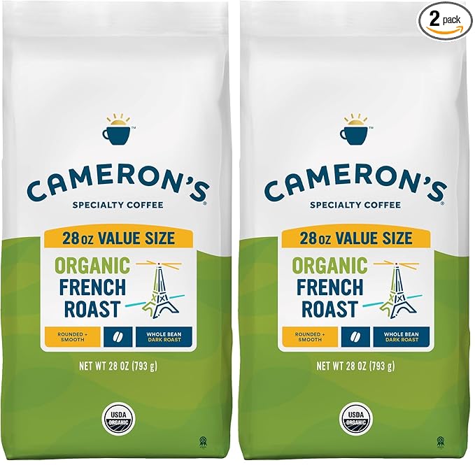 Cameron's Coffee Roasted Whole Bean Coffee Organic French Roast 28 Ounce (Pack of 2)