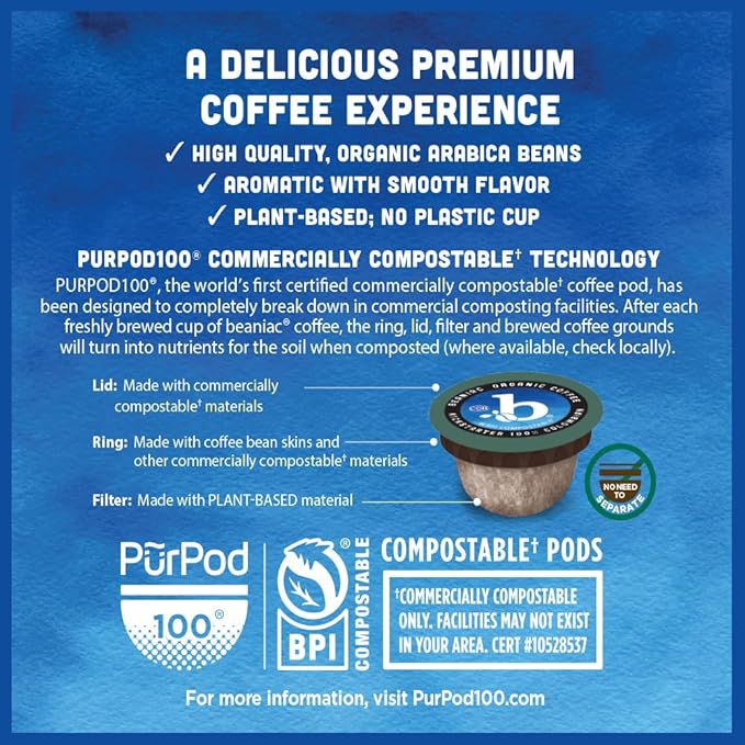beaniac Organic Kickstarter Colombian Medium Light Roast Single Serve Compostable K Cup Coffee Pods Organic Arabica Coffee Keurig Brewer Compatible 30 Count