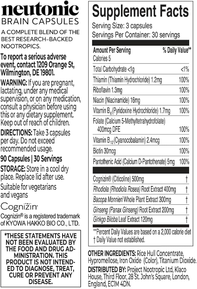 Neutonic Nootropic Brain Supplement | 1 Month Supply 90 Capsules | for Men and Women | Support Memory Mental Clarity Cognitive Function | Boost Focus Energy Brain Health