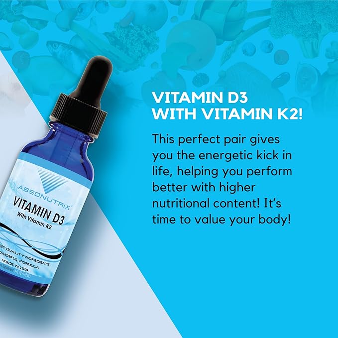 Absonutrix Vitamin D3 K2 Drops 390mg 4 Oz Liquid 302 Servings Made in USA Quick Absorption Quality Potent Ingredients Non-GMO GMP Certified Cruelty-Free Products Bone Strength Supplements
