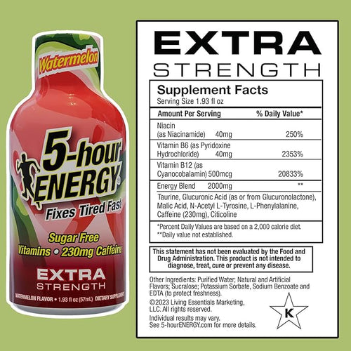 5-hour ENERGY Extra Strength Watermelon Energy Shot 1.93oz 20-Pack – Sugar Free Caffeine Energy Booster with B-Vitamins &amp Amino Acids – Zero Calorie (20 Bottles – Single Flavor Watermelon)