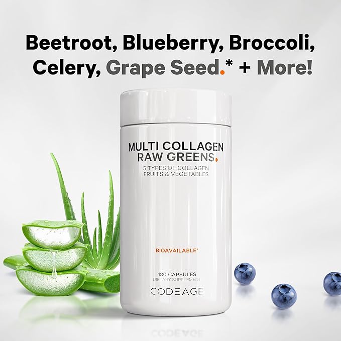 Codeage Multi Collagen Protein + Organic Raw Greens Superfood Capsules Supplement 21 Fruits &amp Veggies Grass-Fed Hydrolyzed Collagen Peptides 5 Types All-in-One 180 Count
