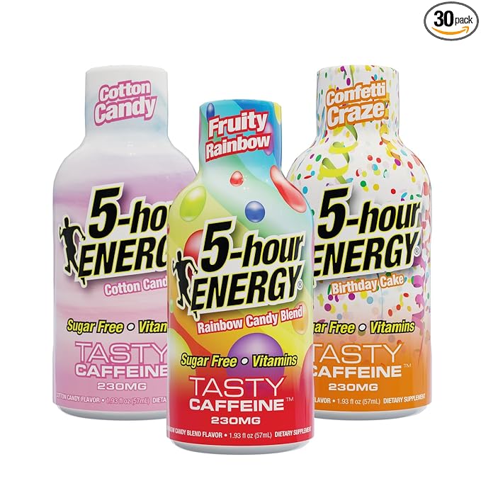 5-hour ENERGY Extra Strength Shots Birthday Cake Fruity Rainbow Cotton Candy Variety Pack 1.93 Fl oz 30 Bottles (12 Cotton Candy 12 Birthday Cake and 6 Fruity Rainbow)