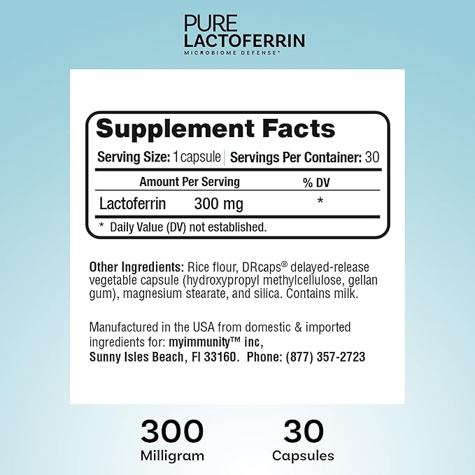 Pure Lactoferrin Microbiome Defense - 300mg Delayed Release Capsules Non-GMO Iron Absorption &amp Immune System Support Lactoferrin Supplements for Adults Gluten-Free (30 Capsules)