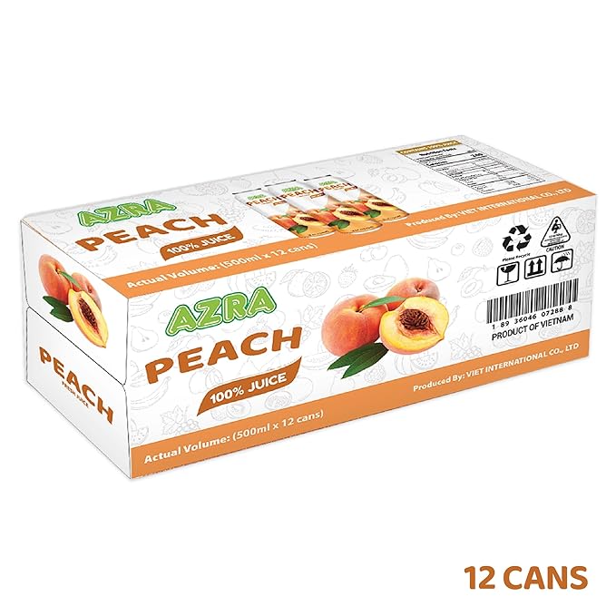 AZRA 100% Peach Juice 500 ml Can (Pack of 12) – Fresh Peach Fruit Juice Beverages No Added Sugar – Healthy Drinks for Adults and Kids – Real Fruit Juice Variety – 100 Percent Juice 16.9 fl oz