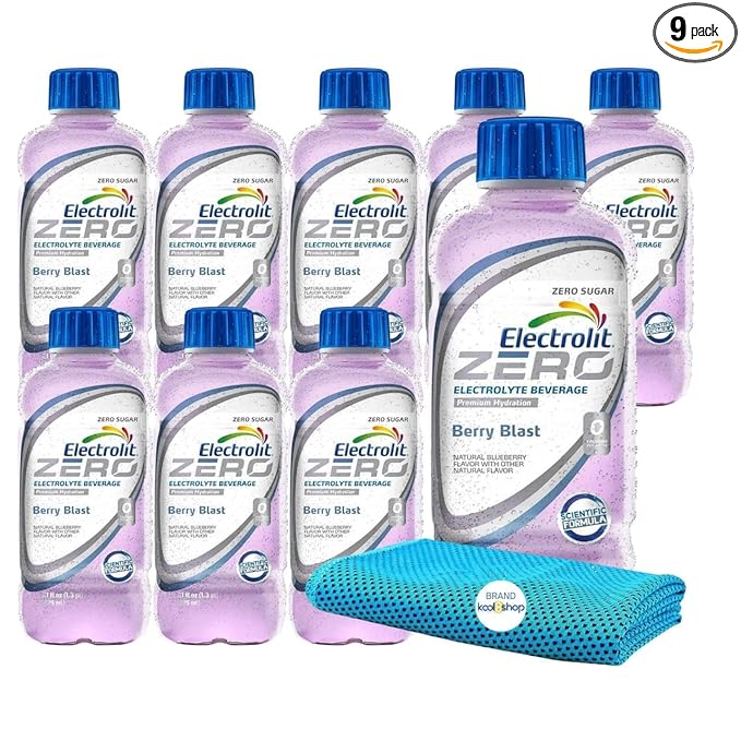 Electrolit Zero Berry Blast Hydration Drink with Electrolytes 21 fl oz Plastic Bottle 9 Pack + 1 Microfiber Cooling Towel by KOOL8SHOP Infinite Deals
