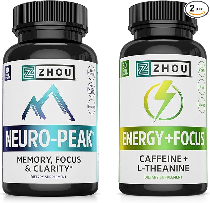 ZHOU Brain &amp Energy Support Bundle - Nootropic Brain Supplement for Memory &amp Focus 200mg L-Theanine &amp 100mg Caffeine Pills Natural Caffeine Boost - Energy + Focus (60 Caps) &amp Neuro-P
