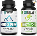 ZHOU Brain &amp Energy Support Bundle - Nootropic Brain Supplement for Memory &amp Focus 200mg L-Theanine &amp 100mg Caffeine Pills Natural Caffeine Boost - Energy + Focus (60 Caps) &amp Neuro-P