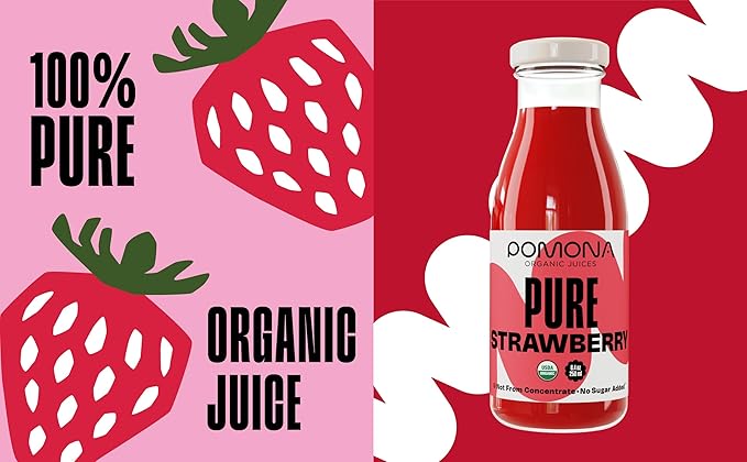 Pomona Organic Strawberry Juice (Pack of 12) Cold Pressed USDA Organic Juices with 100% Strawberries No Added Sugar Not From Concentrate Vegan Kosher Non GMO Pasteurized 8.4 oz Glass Bottles