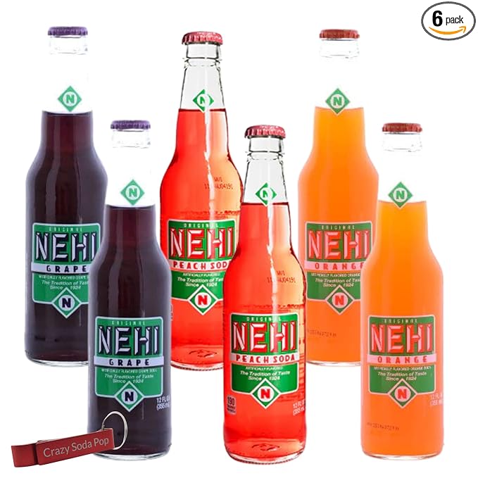 Nehi Soda Variety Pack | Nehi’s Most Popular Soda Flavors | Real Cane Sugar | Caffeine Free | 12 oz Glass Bottles with Crazy Soda Pop Bottle Opener (6 Pack)